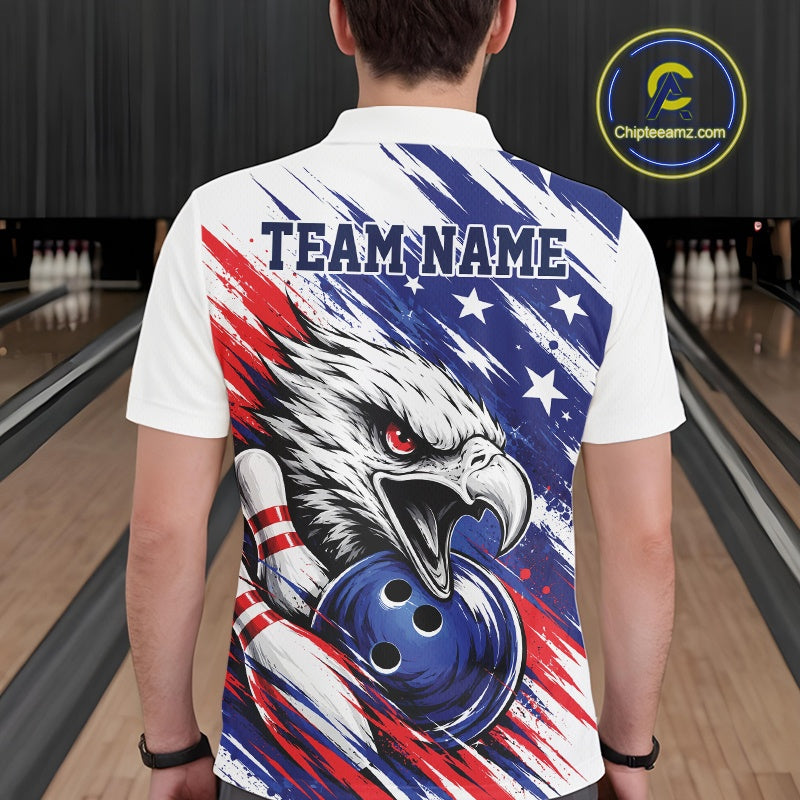 Custom Patrotic Eagle Bowling Polo Team Shirt, US Flag Bowling Jerseys