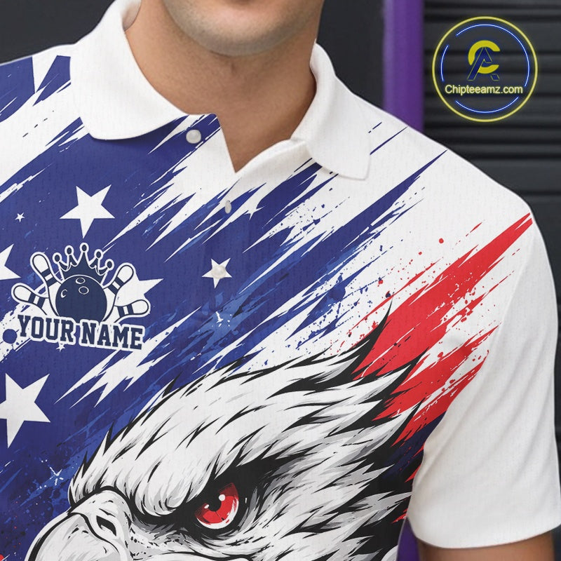 Custom Patrotic Eagle Bowling Polo Team Shirt, US Flag Bowling Jerseys