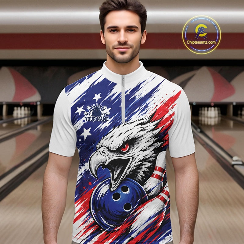 Custom Patrotic Eagle Bowling Quarter-Zip Team Shirt, US Flag Bowling Jerseys