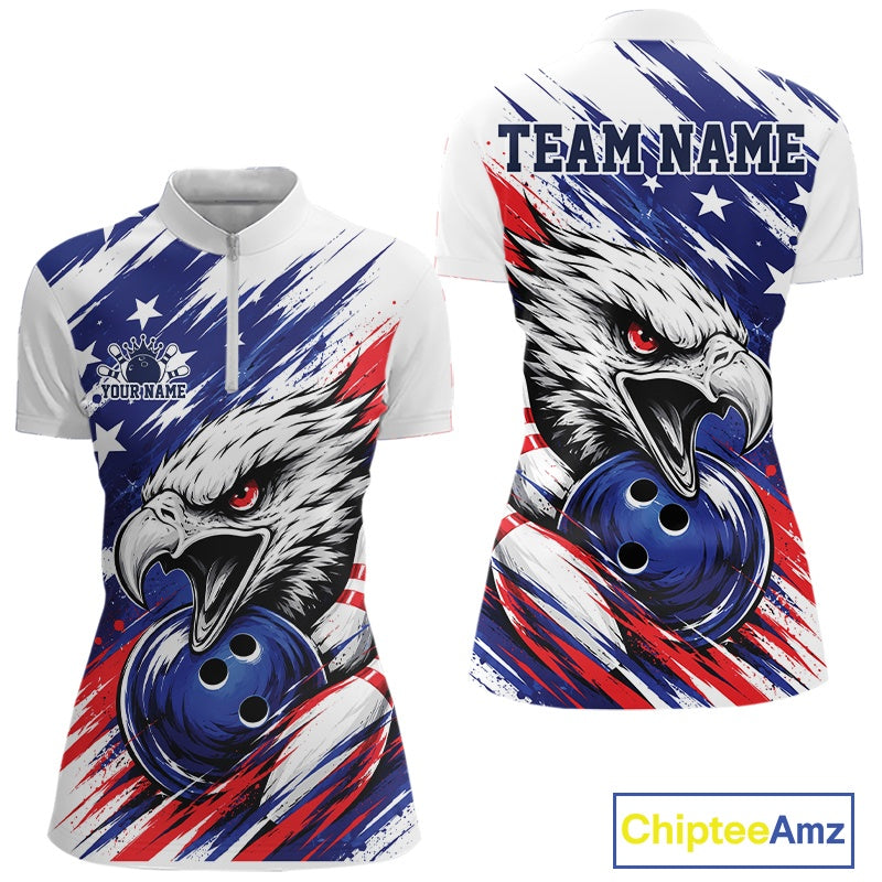 Custom Patrotic Eagle Bowling Quarter-Zip Team Shirt, US Flag Bowling Jerseys