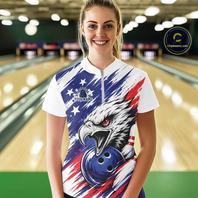 Custom Patrotic Eagle Bowling Quarter-Zip Team Shirt, US Flag Bowling Jerseys