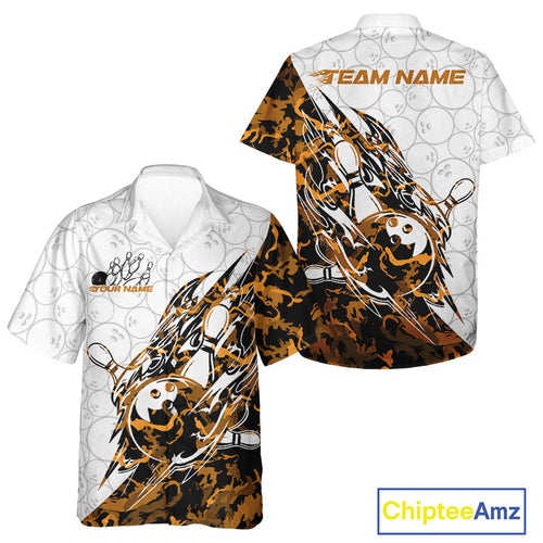 Custom Yellow Camo Bowling And Hawaiian Shirt, Bowling Ball Pattern Team Jerseys