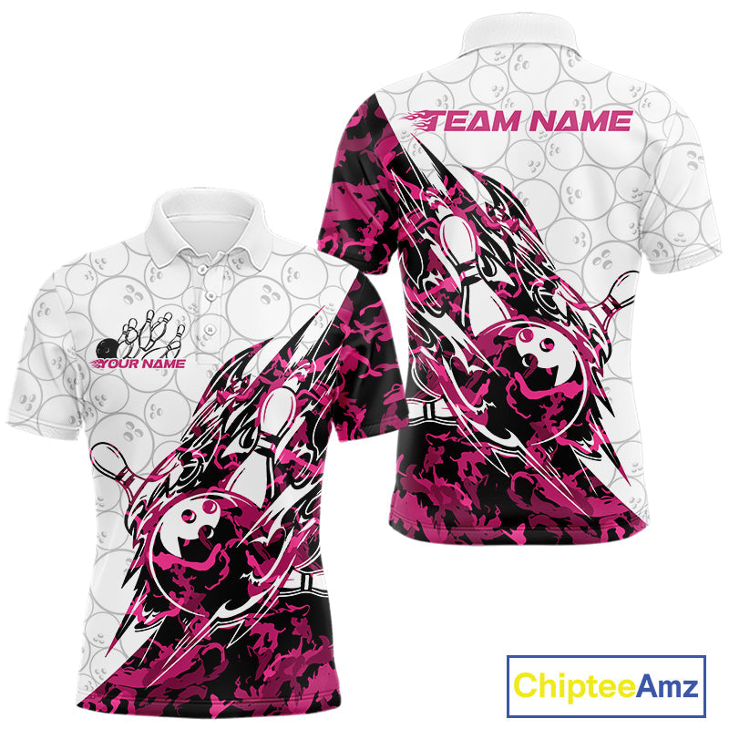 Custom Pink Camo Bowling Polo Shirt, Bowling Ball Pattern Team Jerseys