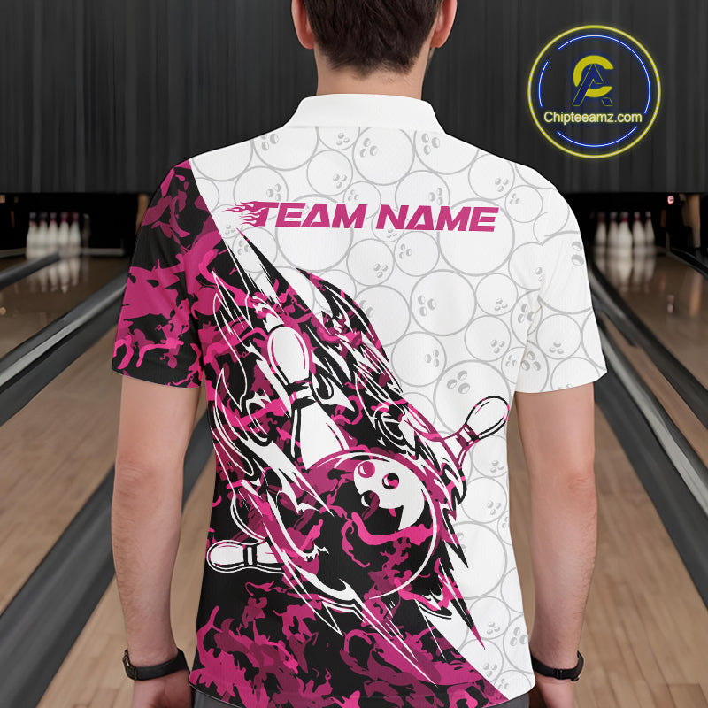 Custom Pink Camo Bowling Polo Shirt, Bowling Ball Pattern Team Jerseys