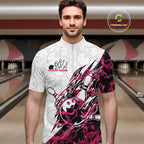 Custom Pink Camo Bowling Quarter-Zip Shirt, Bowling Ball Pattern Team Jerseys