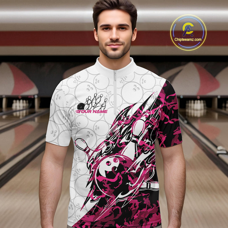 Custom Pink Camo Bowling Quarter-Zip Shirt, Bowling Ball Pattern Team Jerseys