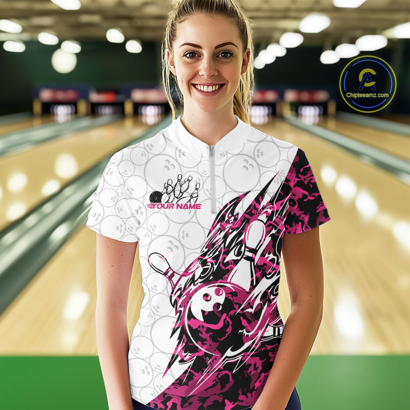 Custom Pink Camo Bowling Quarter-Zip Shirt, Bowling Ball Pattern Team Jerseys