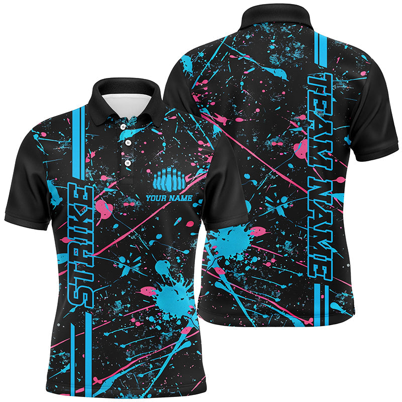 Custom Blue And Pink Strike Bowling Team Shirts, Camo Bowling League Unisex Jerseys
