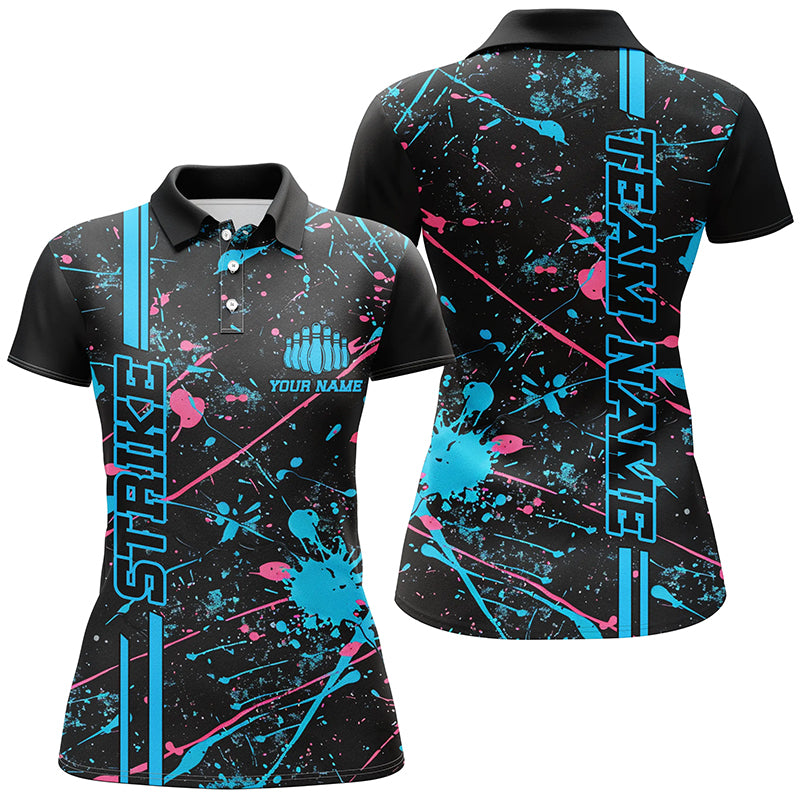 Custom Blue And Pink Strike Bowling Team Shirts, Camo Bowling League Jerseys