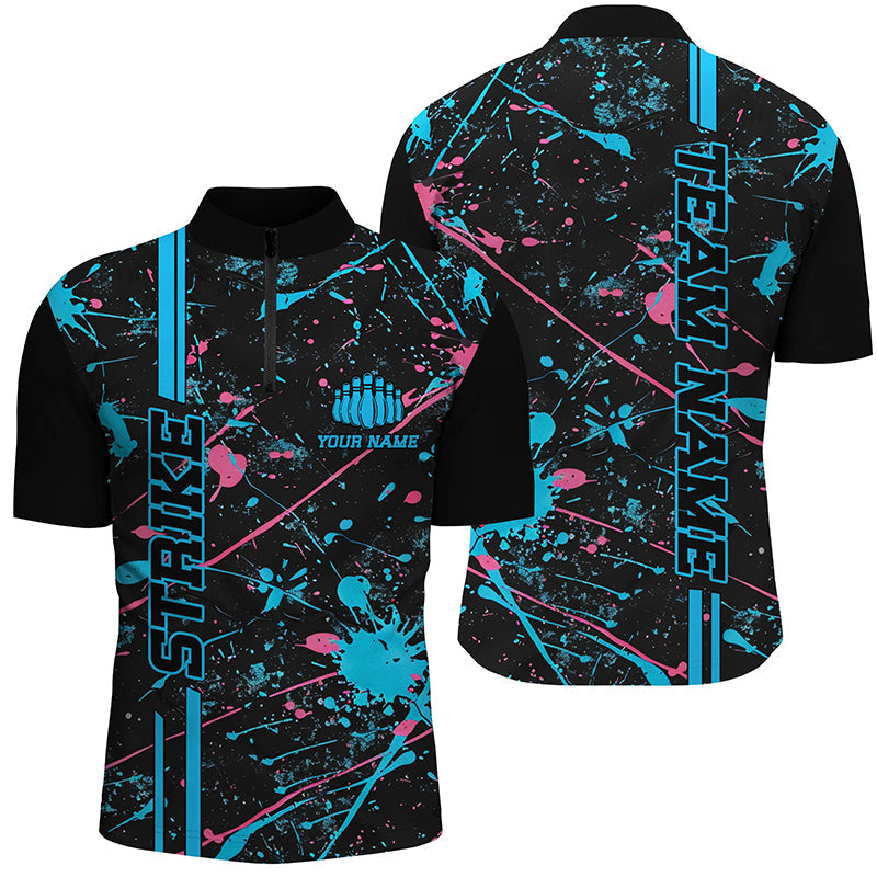 Custom Blue And Pink Strike Bowling Team Shirts, Camo Bowling League Unisex Jerseys