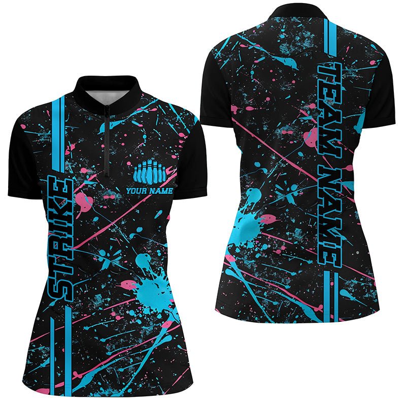 Custom Blue And Pink Strike Bowling Team Shirts, Camo Bowling League Jerseys