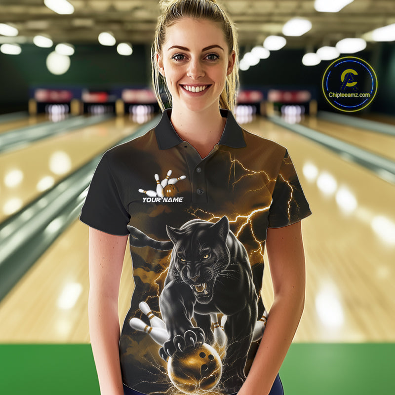 Yellow Thunder Lightning Custom Panther Bowling Polo Shirts, Panther Bowling Jerseys