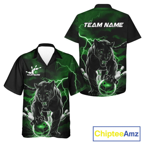Green Thunder Lightning Custom Panther And Bowling Hawaiian Shirts, Panther Bowling Jerseys