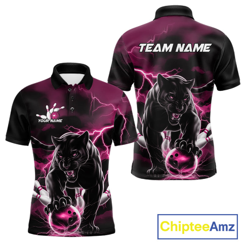 Pink Thunder Lightning Custom Panther Bowling Polo Shirts, Panther Bowling Jerseys