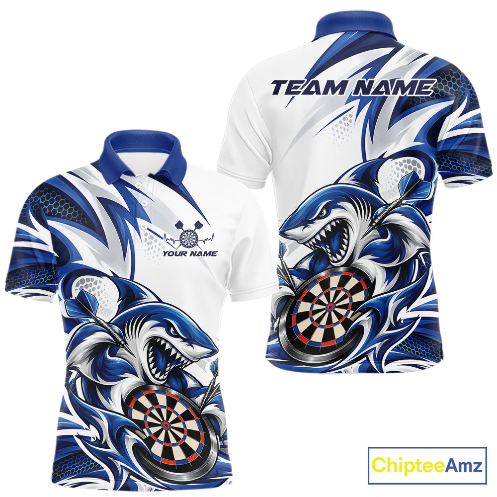 Custom White And Blue Shark Dart Jersey, Dart Polo Shirt Team Uniform