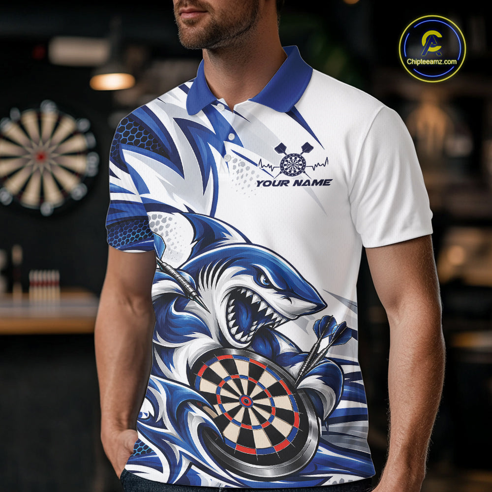 Custom White And Blue Shark Dart Jersey, Dart Polo Shirt Team Uniform