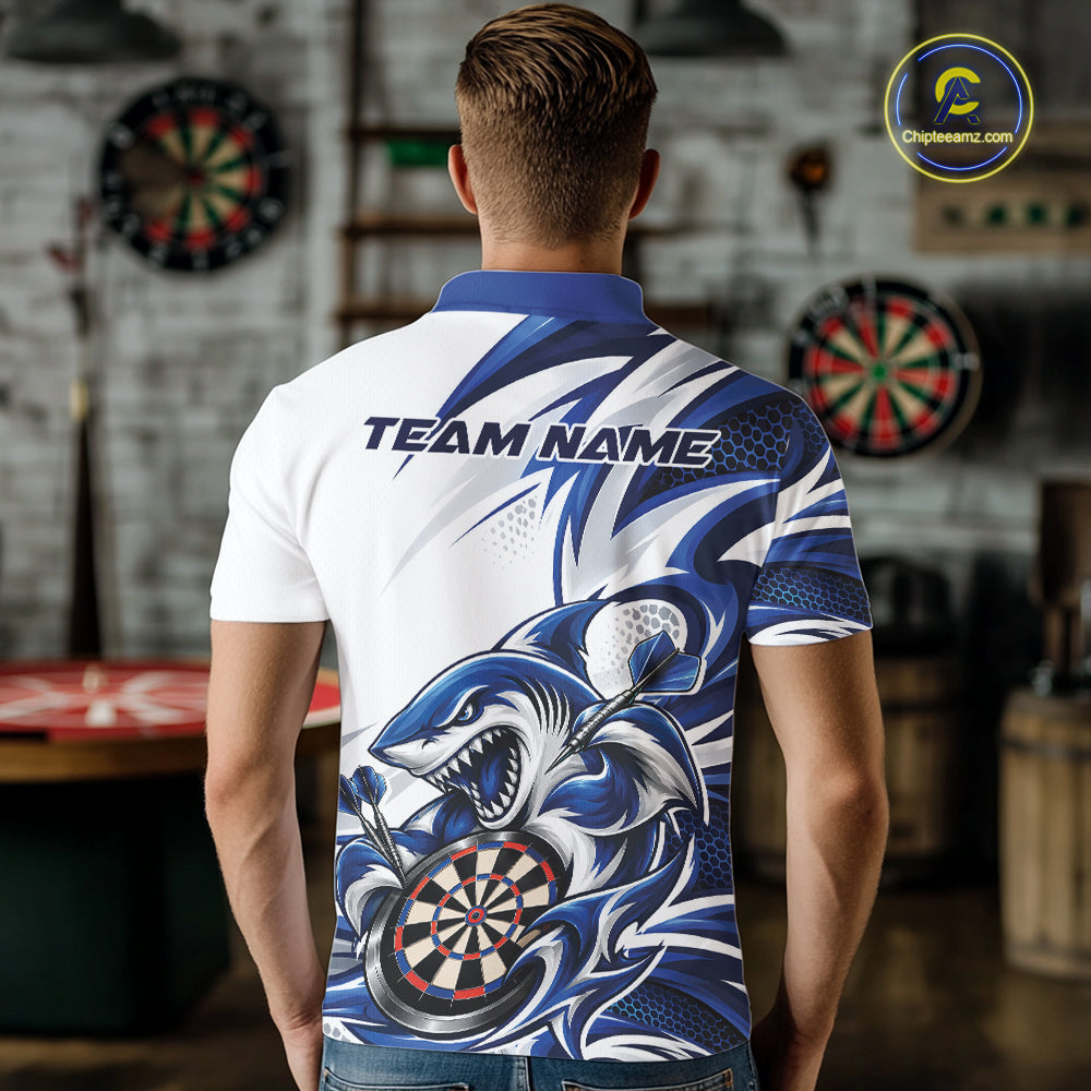 Custom White And Blue Shark Dart Jersey, Dart Polo Shirt Team Uniform