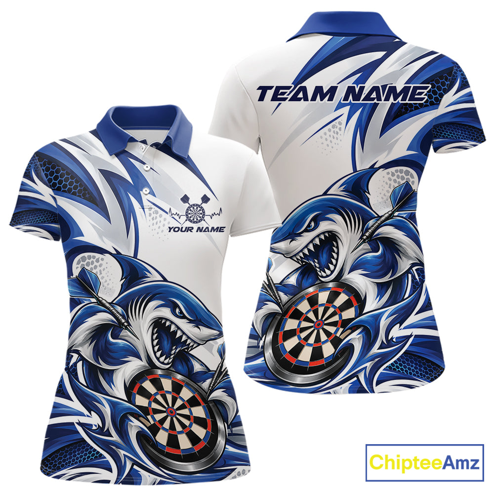Custom White And Blue Shark Dart Jersey, Dart Polo Shirt Team Uniform