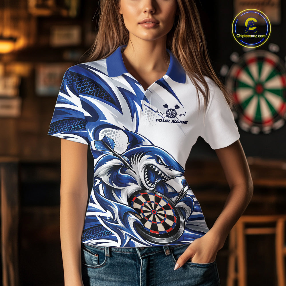 Custom White And Blue Shark Dart Jersey, Dart Polo Shirt Team Uniform
