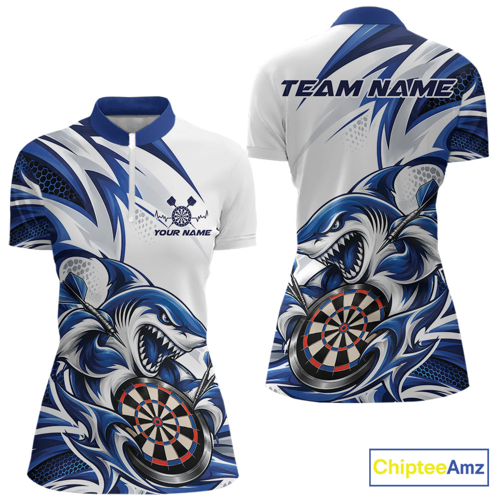 Custom White And Blue Shark Dart Jersey, Dart Quarter-Zip Shirt Team Uniform