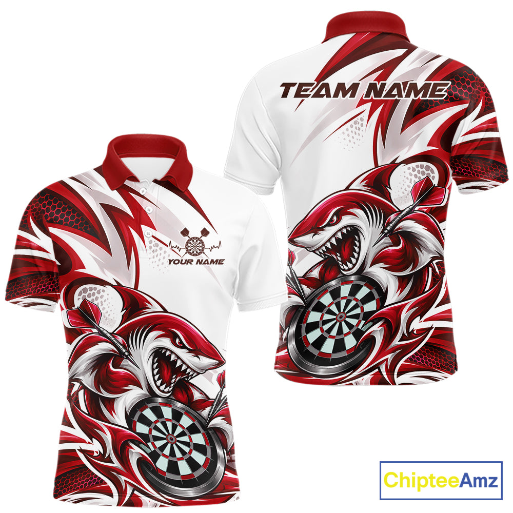 Custom White And Red Shark Dart Jersey, Dart Polo Shirt Team Uniform