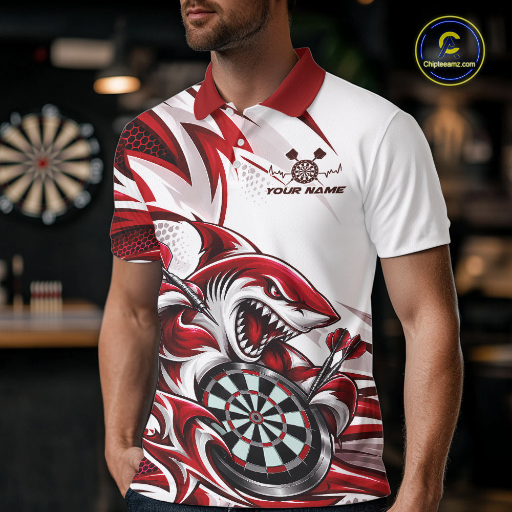 Custom White And Red Shark Dart Jersey, Dart Polo Shirt Team Uniform