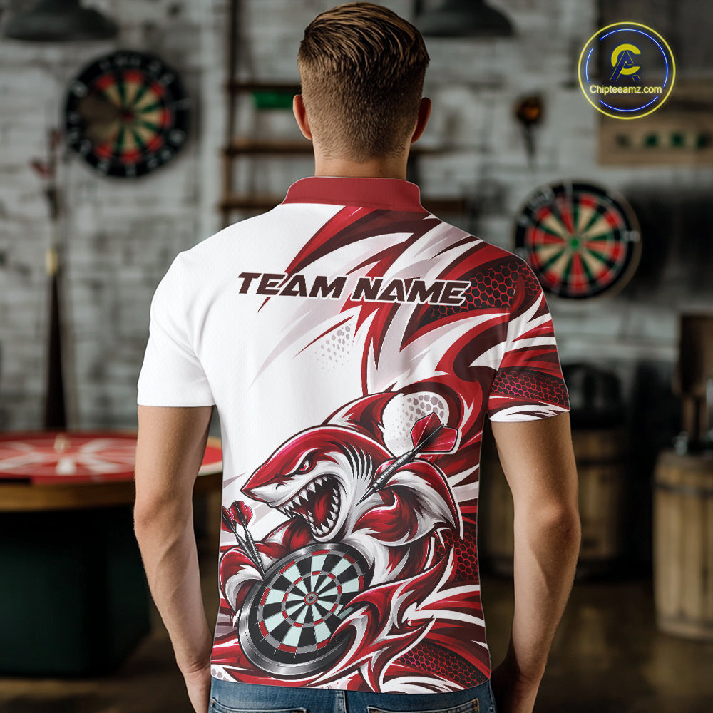 Custom White And Red Shark Dart Jersey, Dart Polo Shirt Team Uniform