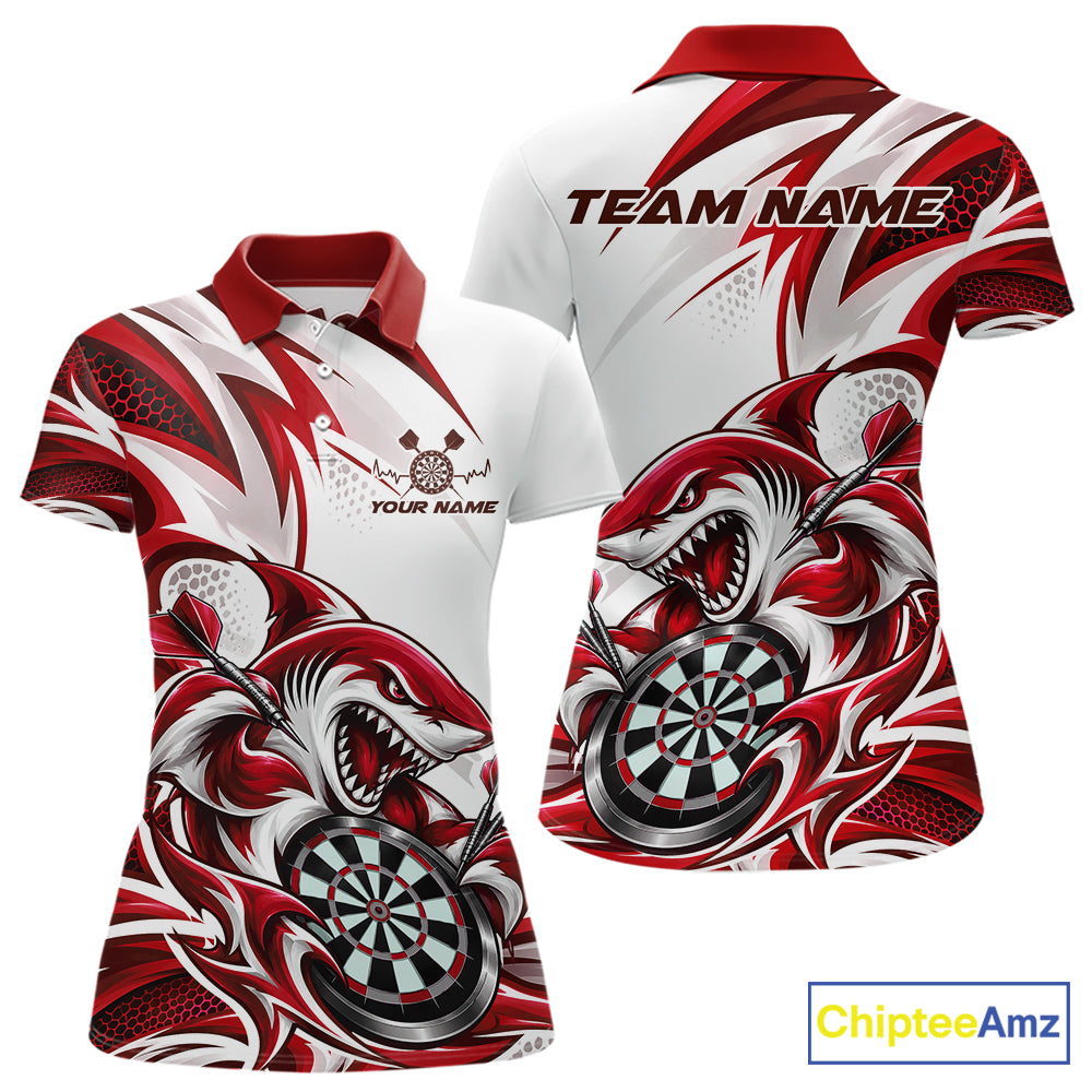 Custom White And Red Shark Dart Jersey, Dart Polo Shirt Team Uniform