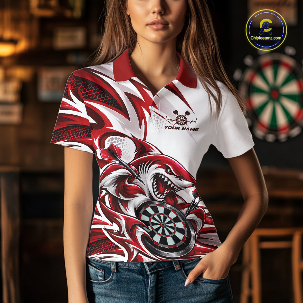 Custom White And Red Shark Dart Jersey, Dart Polo Shirt Team Uniform