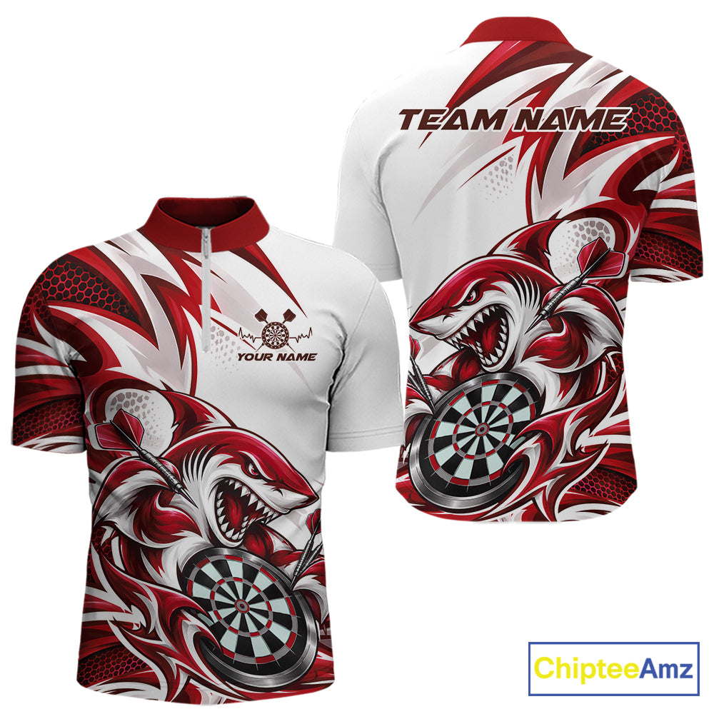 Custom White And Red Shark Dart Jersey, Dart Quarter Zip Shirt Team Uniform