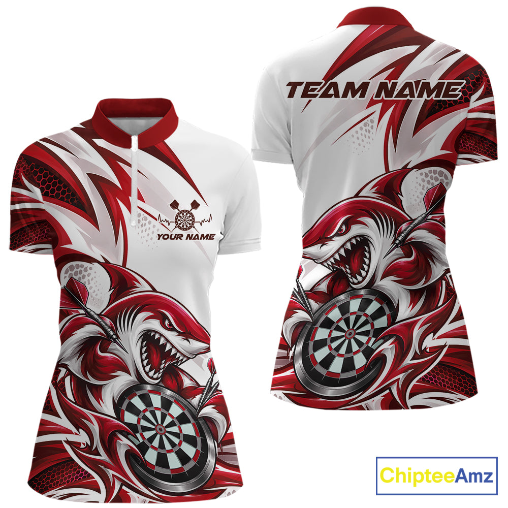 Custom White And Red Shark Dart Jersey, Dart Quarter-Zip Shirt Team Uniform