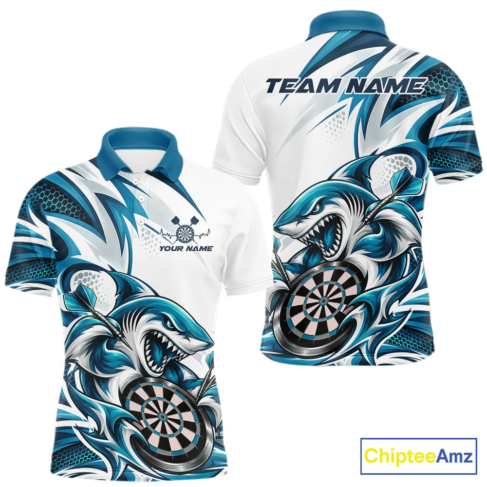Custom White And Teal Blue Shark Dart Jersey, Dart Polo Shirt Team Uniform