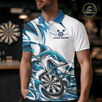 Custom White And Teal Blue Shark Dart Jersey, Dart Polo Shirt Team Uniform