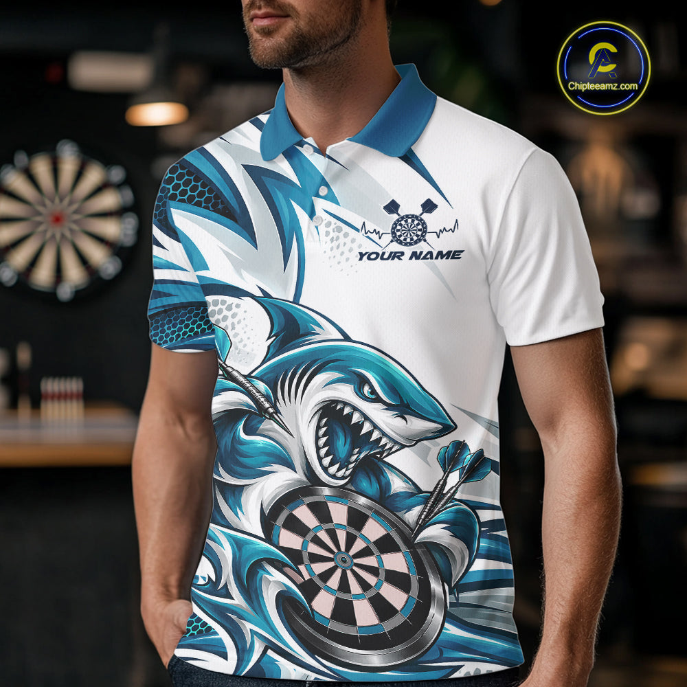 Custom White And Teal Blue Shark Dart Jersey, Dart Polo Shirt Team Uniform