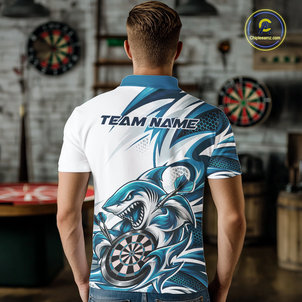 Custom White And Teal Blue Shark Dart Jersey, Dart Polo Shirt Team Uniform