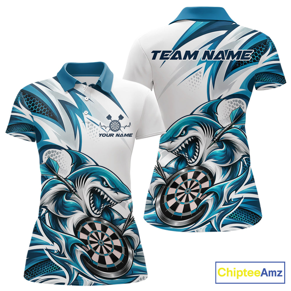 Custom White And Teal Blue Shark Dart Jersey, Dart Polo Shirt Team Uniform