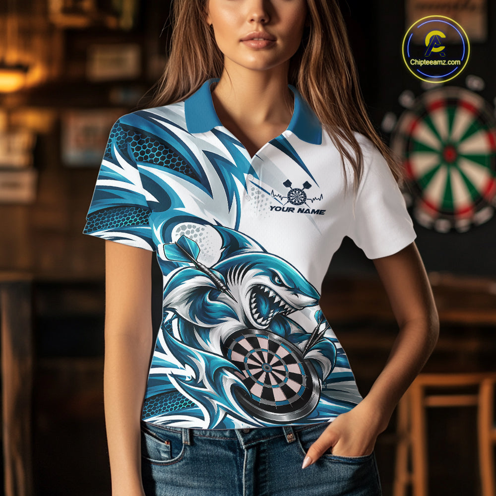 Custom White And Teal Blue Shark Dart Jersey, Dart Polo Shirt Team Uniform