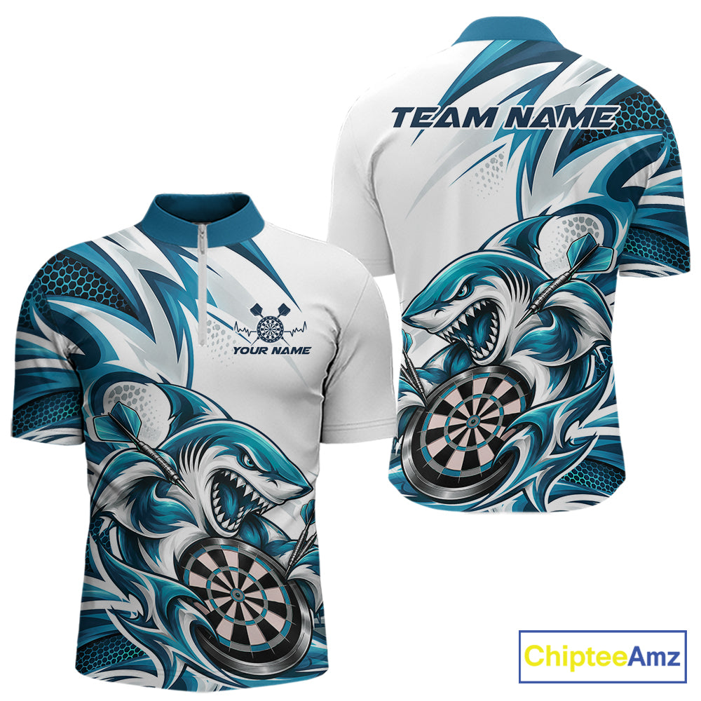 Custom White And Teal Blue Shark Dart Jersey, Dart Quarter Zip Shirt Team Uniform
