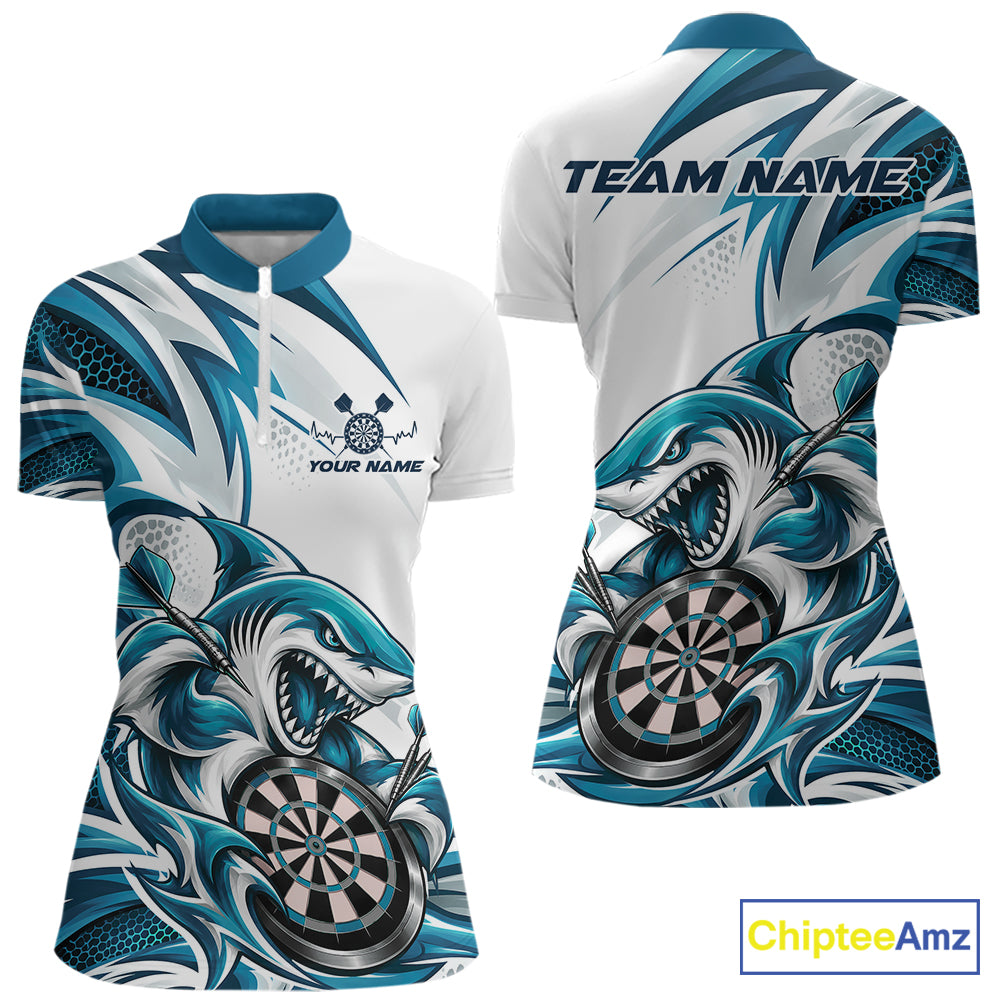 Custom White And Teal Blue Shark Dart Jersey, Dart Quarter-Zip Shirt Team Uniform