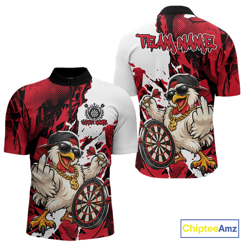 Custom Red Camo Funny Chicken Dart Quarter Zip Shirt, Hiphop Dart Jersey