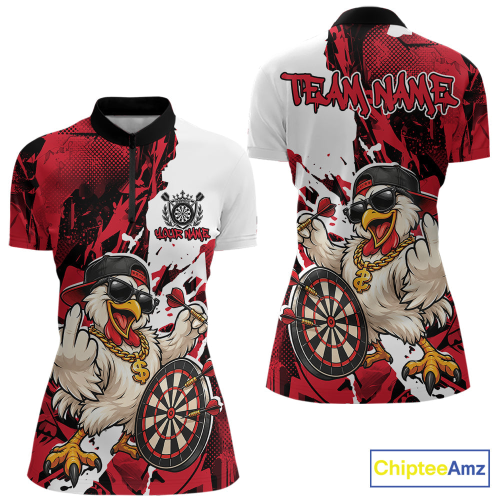 Custom Red Camo Funny Chicken Dart Quarter-Zip Shirt, Hiphop Dart Jersey