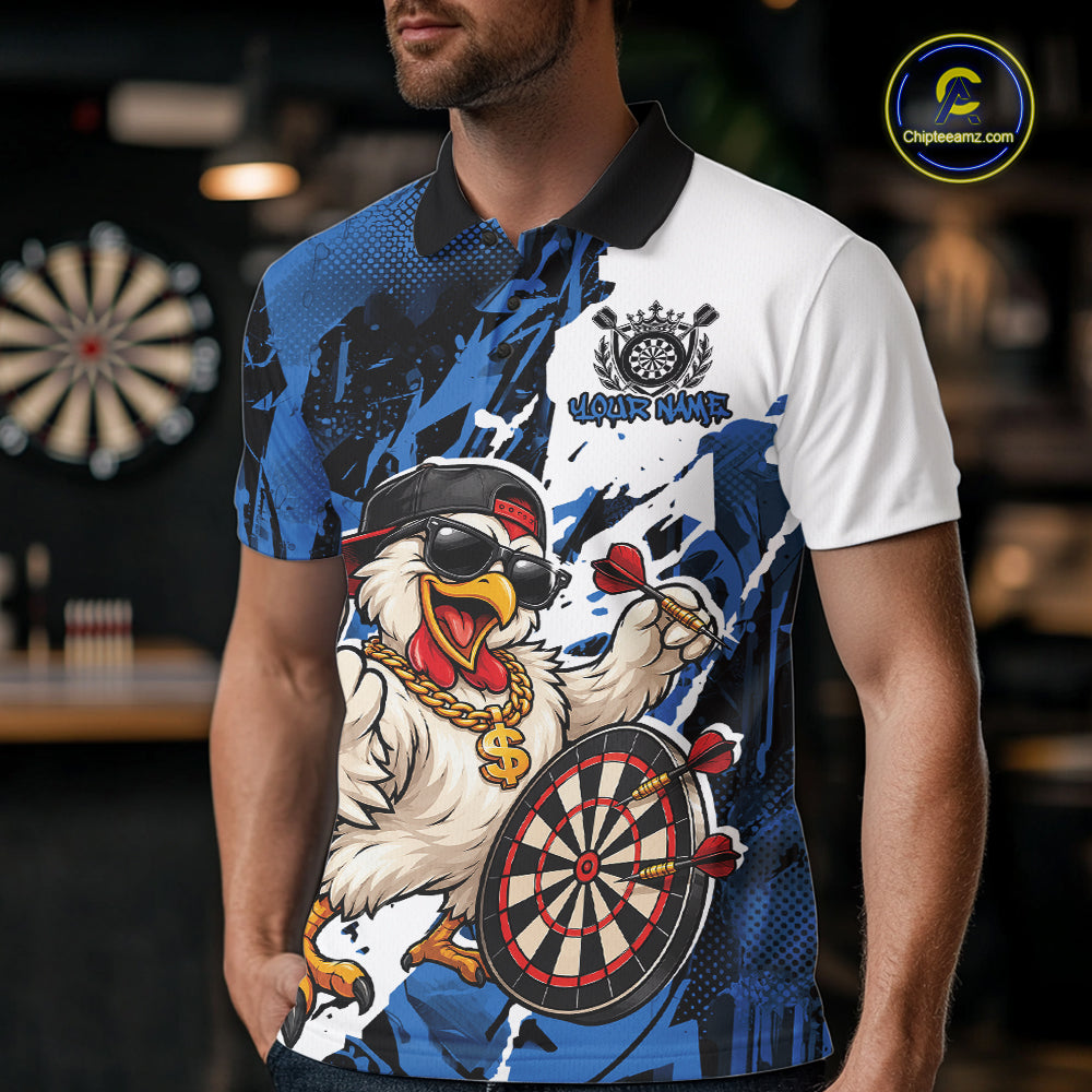 Custom Blue Camo Funny Chicken Dart Polo Shirt, Hiphop Dart Jersey