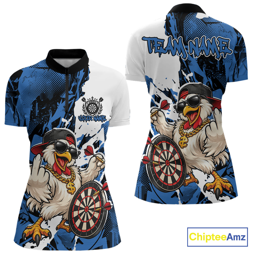 Custom Blue Camo Funny Chicken Dart Quarter-Zip Shirt, Hiphop Dart Jersey