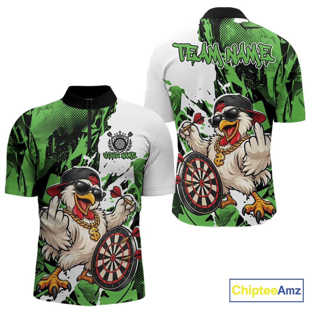 Custom Green Camo Funny Chicken Dart Quarter Zip Shirt, Hiphop Dart Jersey