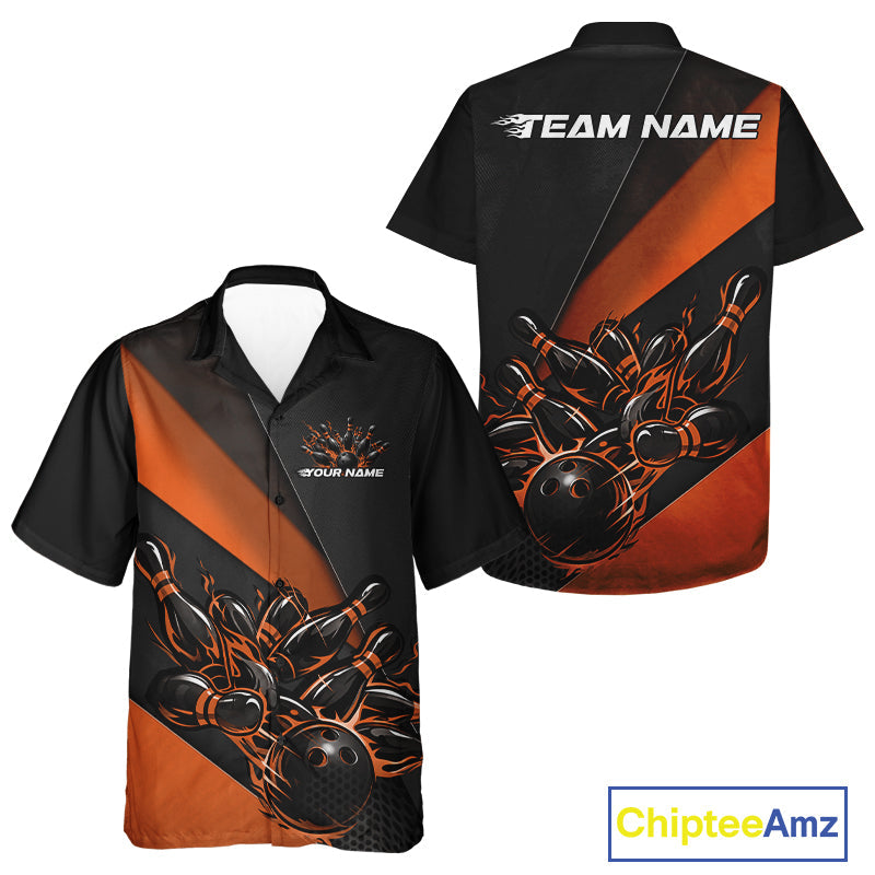 Custom Black And Orange Flame And Bowling Shirts, Bowling League Shirt Bowler Jerseys