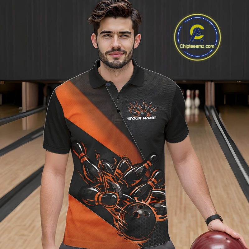 Custom Black And Orange Flame Bowling Shirts, Bowling League Shirt Bowler Jerseys