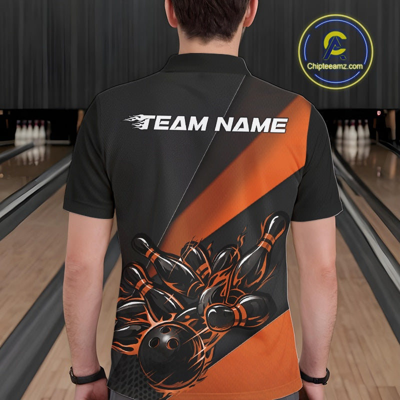 Custom Black And Orange Flame Bowling Shirts, Bowling League Shirt Bowler Jerseys