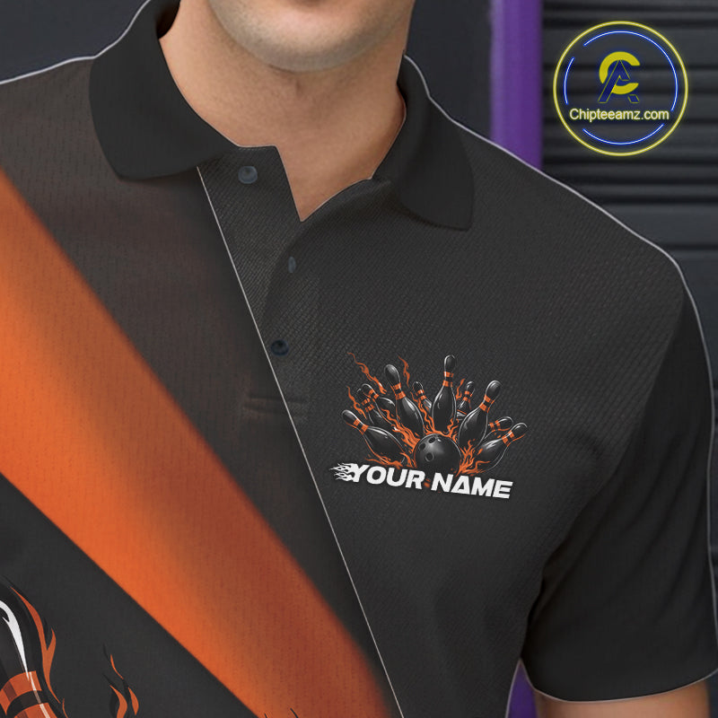 Custom Black And Orange Flame Bowling Shirts, Bowling League Shirt Bowler Jerseys