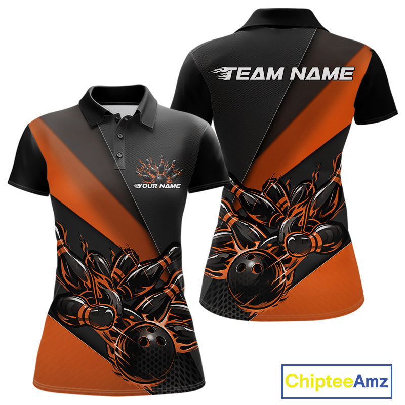 Custom Black And Orange Flame Bowling Shirts, Bowling League Shirt Bowler Jerseys