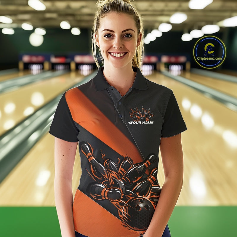 Custom Black And Orange Flame Bowling Shirts, Bowling League Shirt Bowler Jerseys